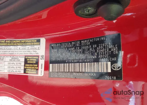 2008 Toyota Camry Solara Sle z USA, uszkodzony, nr VIN 4T1FA38P18U149835